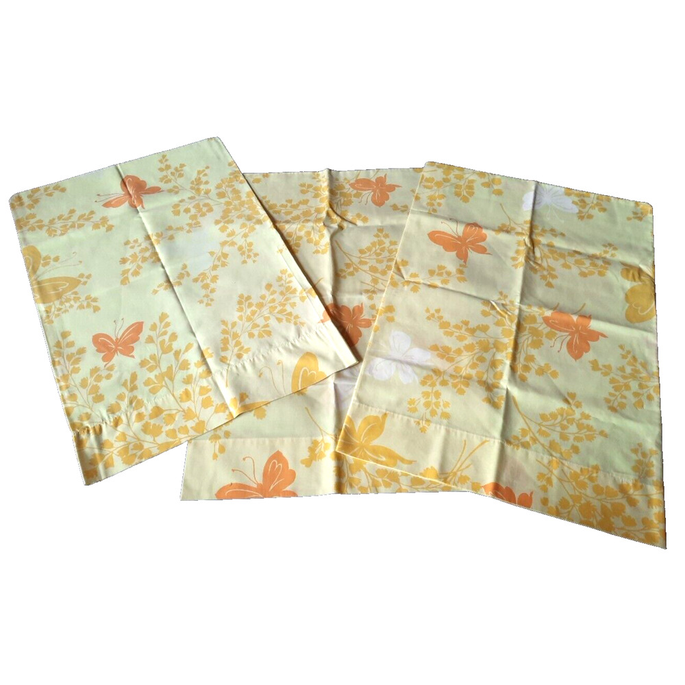 VTG 70s Springmaid Orange Yellow Mariposa Butterfly Standard Pillowcase SET of 3